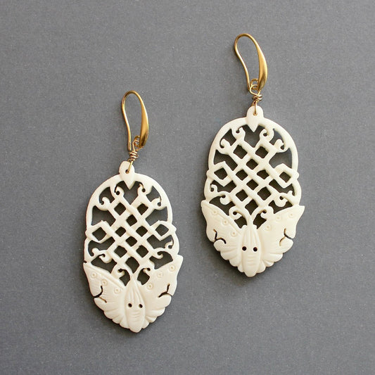 Carved White Cinnabar Statement Earrings