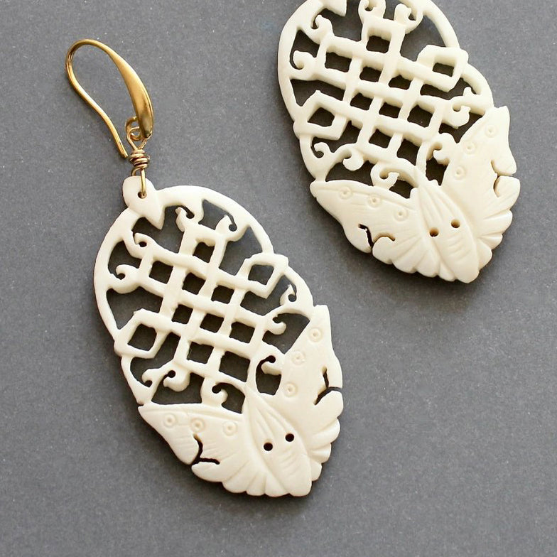 Carved White Cinnabar Statement Earrings