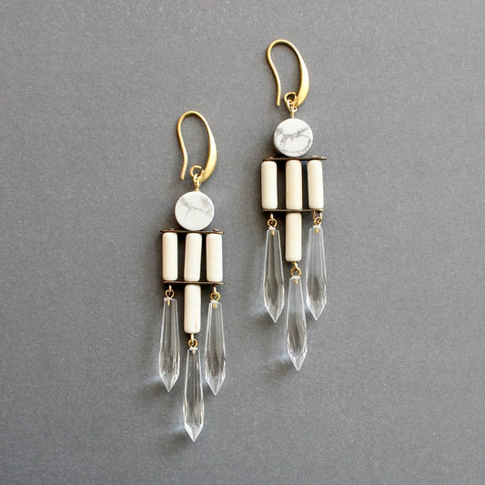 White + Crystal Geometric Chandelier Earrings