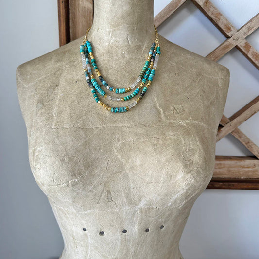 Triple Strand Turquoise, Larimar + Moonstone Gemstone Statement Necklace