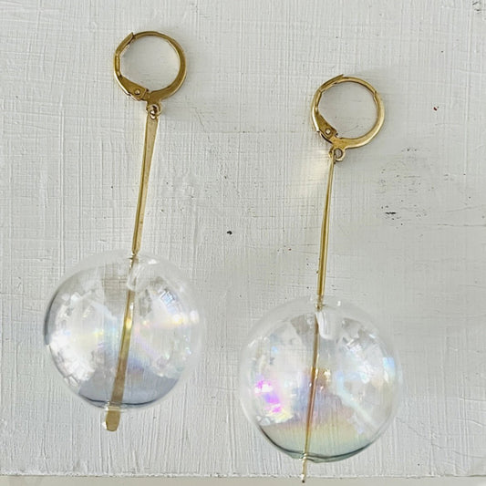 Iridescent Glass Globe + Brass Drop Earrings - Large