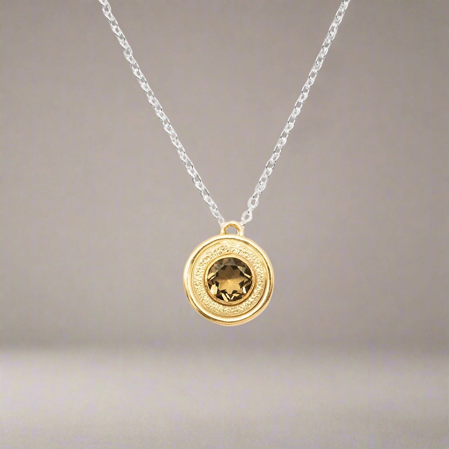 Mixed-Metal + Smoky Quartz ‘Textured Halo’ Pendant Necklace