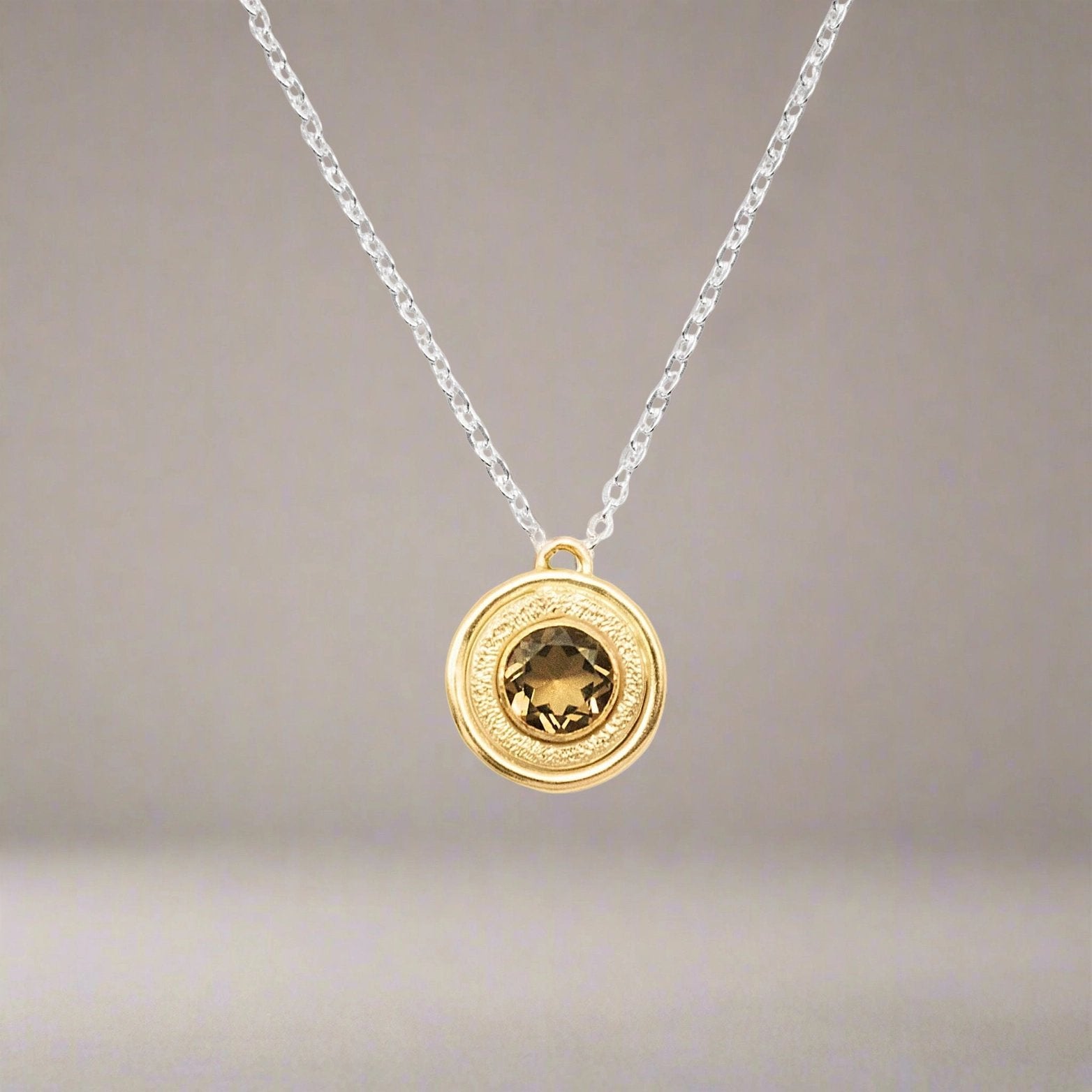 Mixed-Metal + Smoky Quartz ‘Textured Halo’ Pendant Necklace