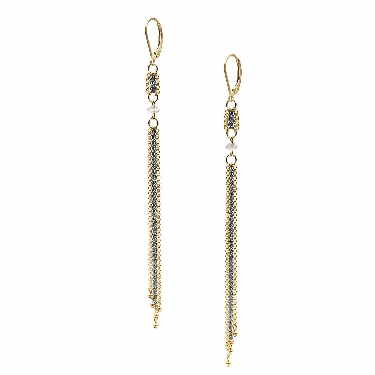 Long Oxidized Silver + Gold Fringe Duster Earrings with Clear Quartz + Pyrite Accents