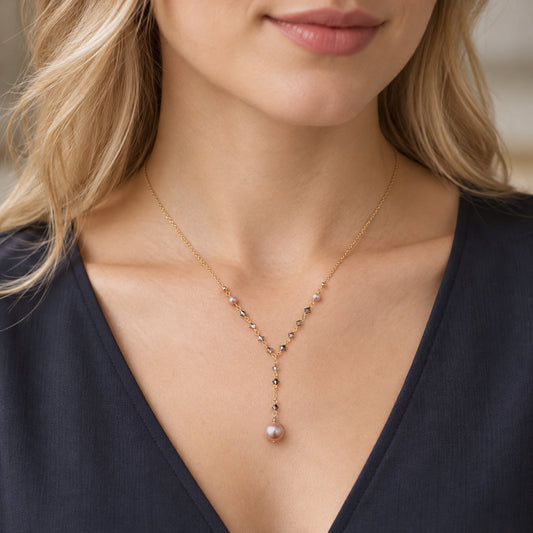 Pearl Drop Y-Necklace with CAL 2x European Crystals
