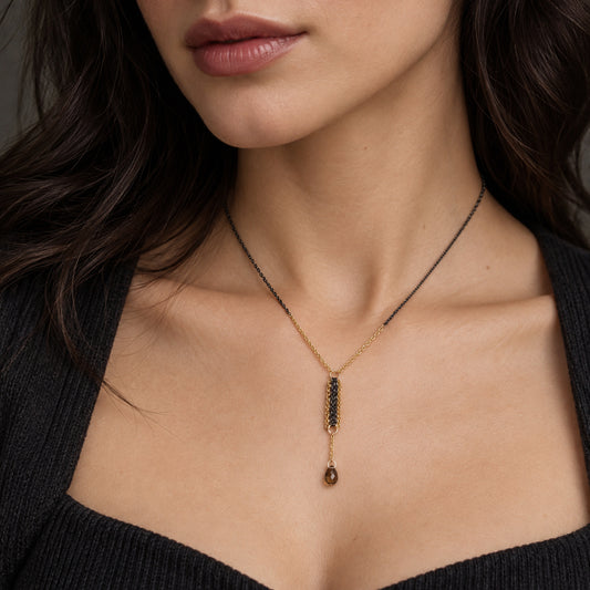 Mixed Metal Mesh Drop Necklace with Smoky Quartz