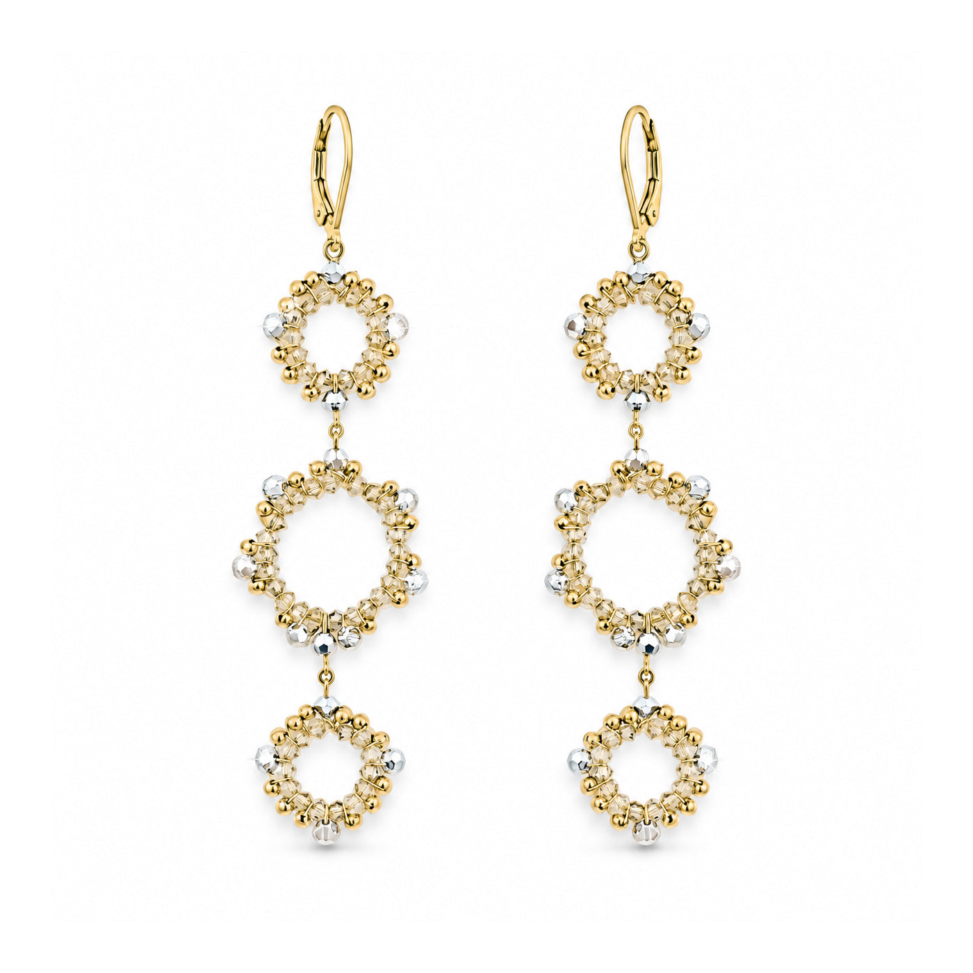 Gold Bead + Silver European Crystal Triple-Circle Statement Earrings