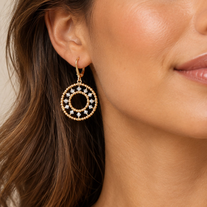 Gold Bead + Silver European Crystal Large Starwheel Earrings