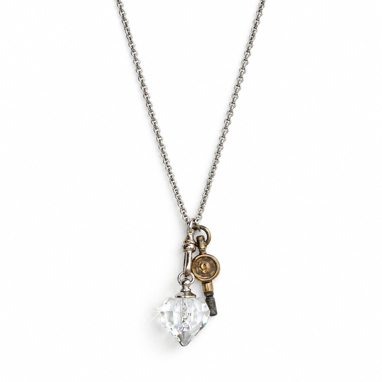 Faceted Crystal Heart + Vintage Watch Key Long Charm Necklace