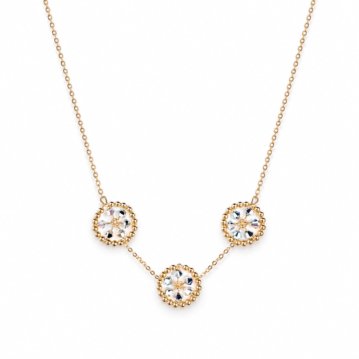 Gold Bead + Silver European Crystal ‘Triple Starwheel’ Necklace