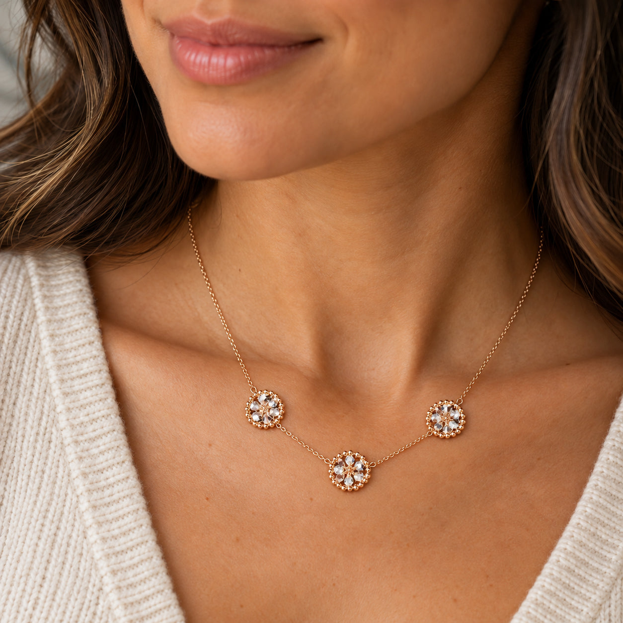 Gold Bead + Silver European Crystal Triple Starwheel Necklace
