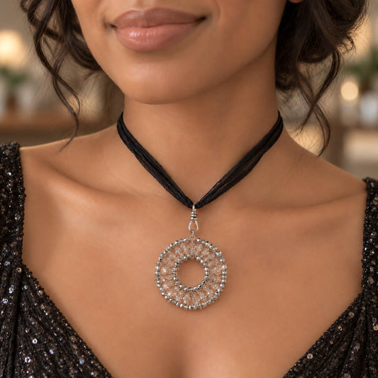 CAL + Silver Shade European Crystal Medallion Silk Chiffon Choker