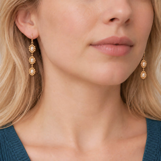 Gold Bead + Freshwater Pearl Three-Drop Earrings