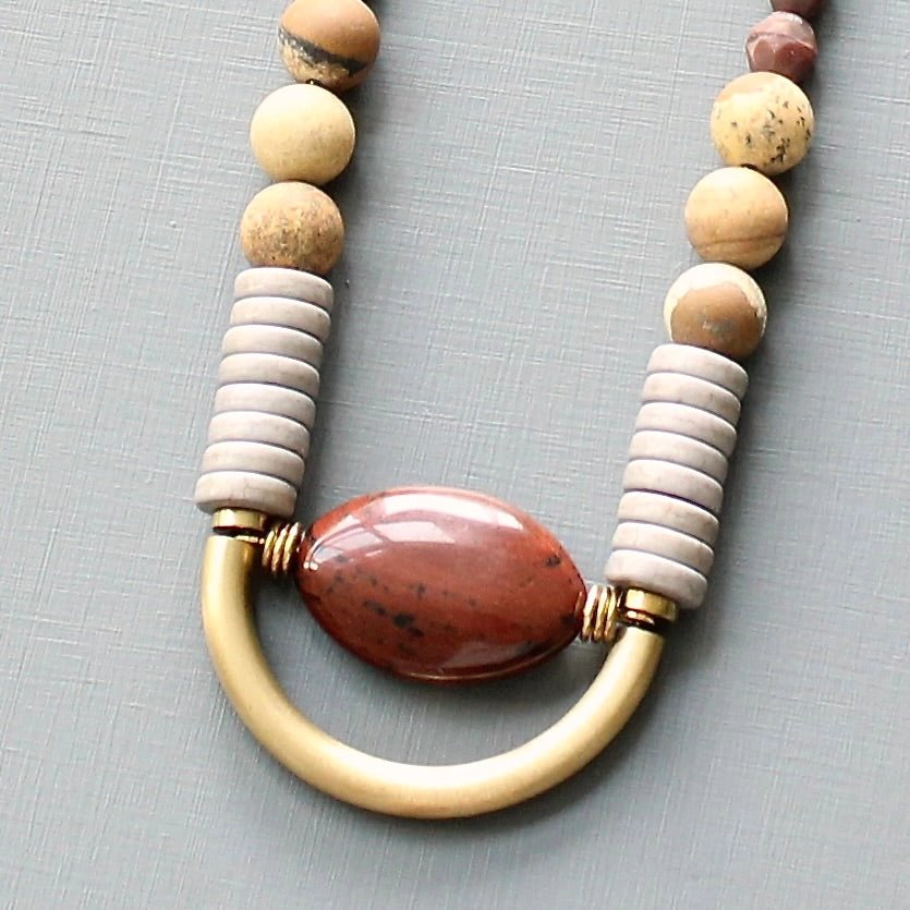 Mahogany Jasper + Geometric Brass Statement Necklace