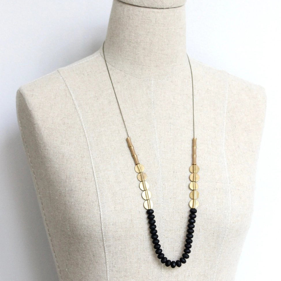 Matte Black Glass + Brass Long Necklace