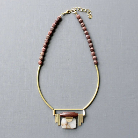 Burgundy Jasper + Agate Art Deco Pendant Necklace