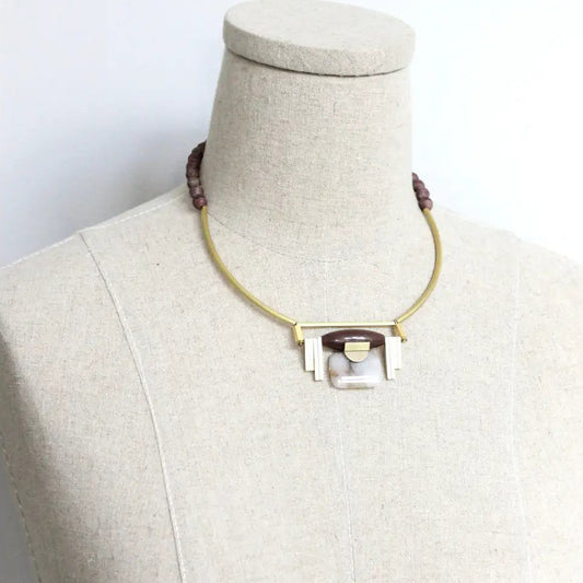 Burgundy Jasper + Agate Art Deco Pendant Necklace
