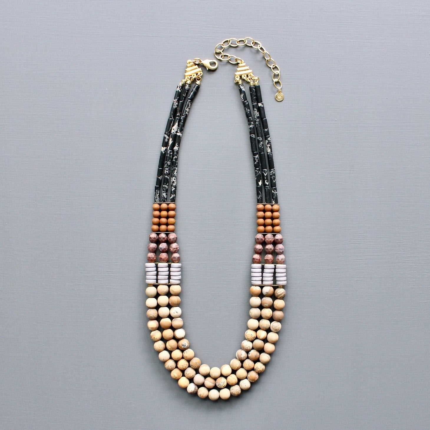 Triple Strand Magnesite, Glass + Jasper Beaded Statement Necklace