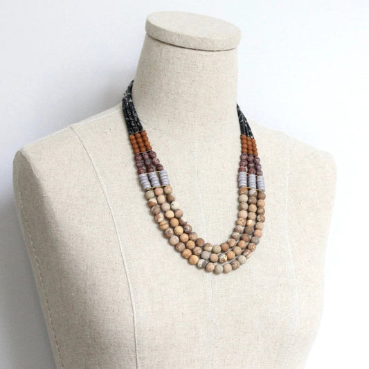 Triple Strand Magnesite, Glass + Jasper Beaded Statement Necklace