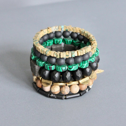 Jasper, Lava Stone, Glass + Malachite Beaded Wrap Bracelet