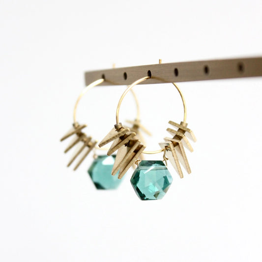 Faceted Green Tourmaline + Brass Spike Hoop Earrings