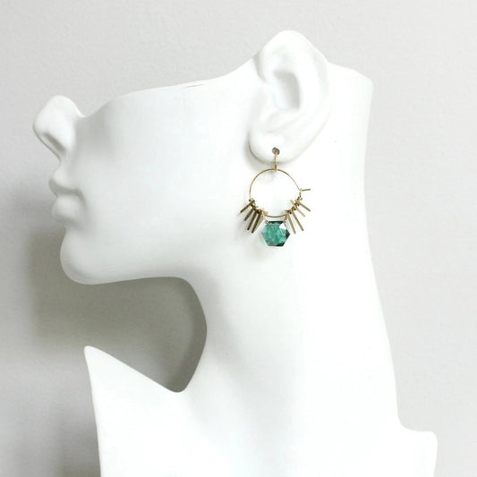 Faceted Green Tourmaline + Brass Spike Hoop Earrings