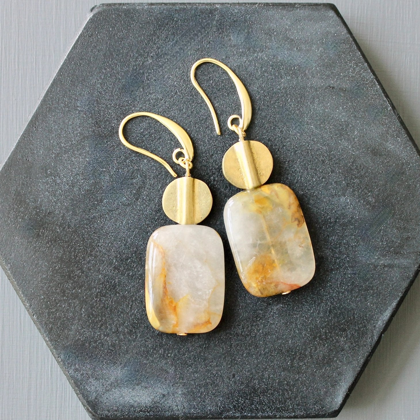 Agate + Brass Disc Drop Earrings