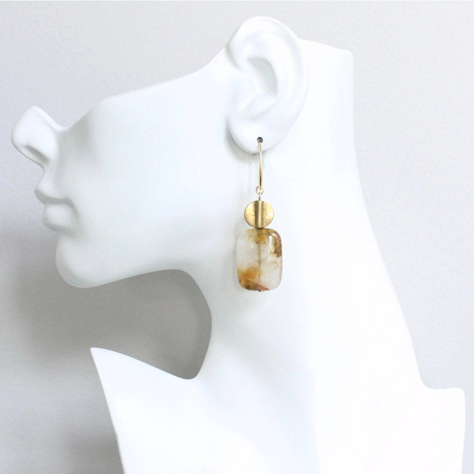 Agate + Brass Disc Drop Earrings