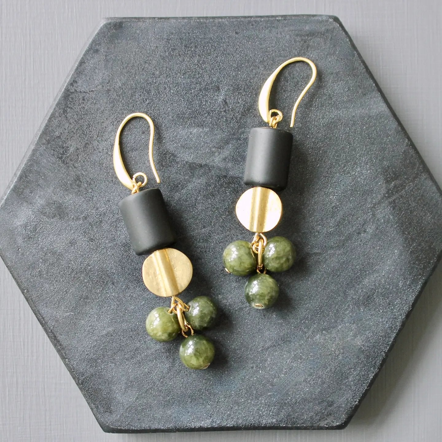 Black + Green Jade Cluster Dangle Earrings