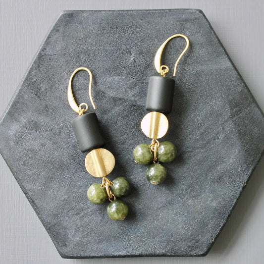 Black + Green Jade Cluster Dangle Earrings