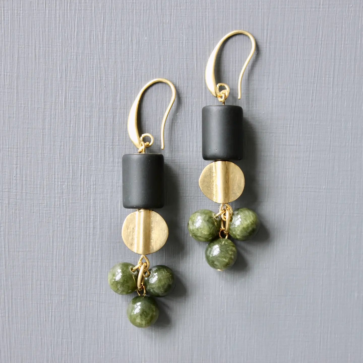 Black + Green Jade Cluster Dangle Earrings