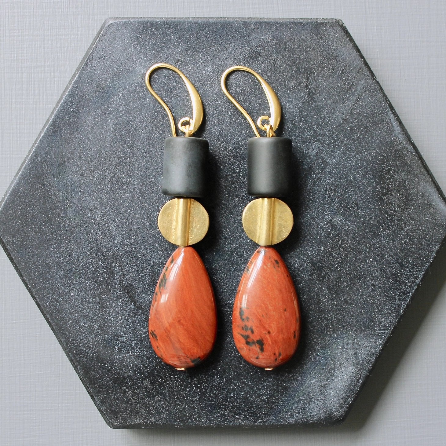 Matte Black Glass + Mahogany Jasper Statement Earrings