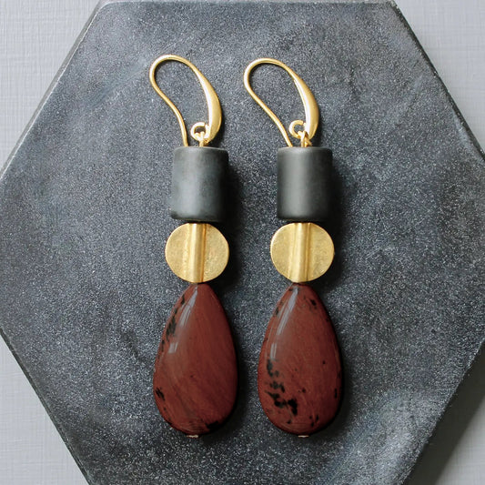 Black Glass + Mahogany Jasper Earrings