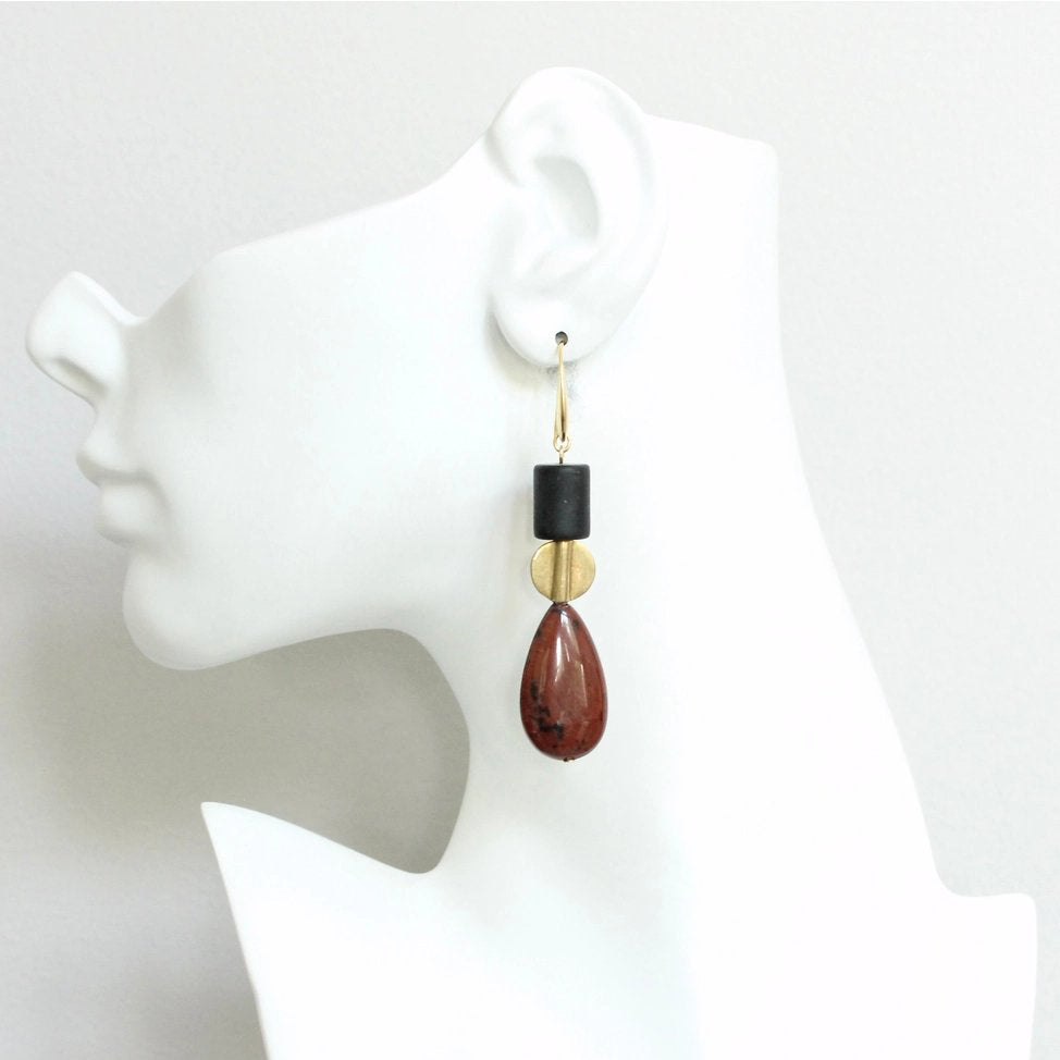 Matte Black Glass + Mahogany Jasper Statement Earrings