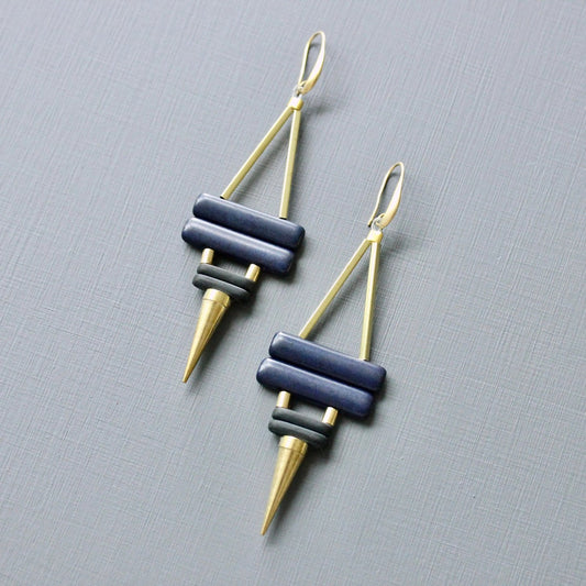 Blue Magnesite, Black Glass + Brass Spike Statement Earrings