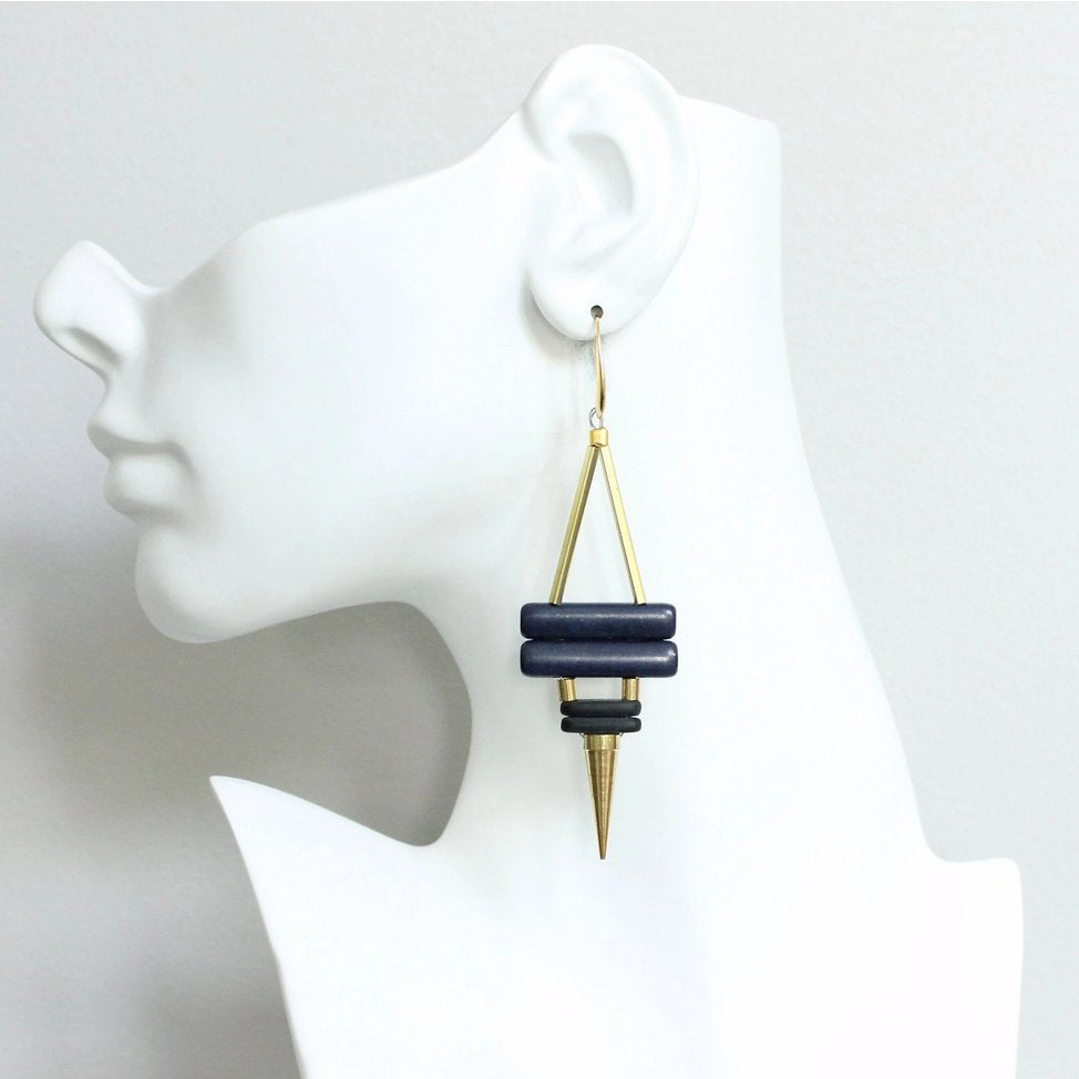 Blue Magnesite, Black Glass + Brass Spike Statement Earrings