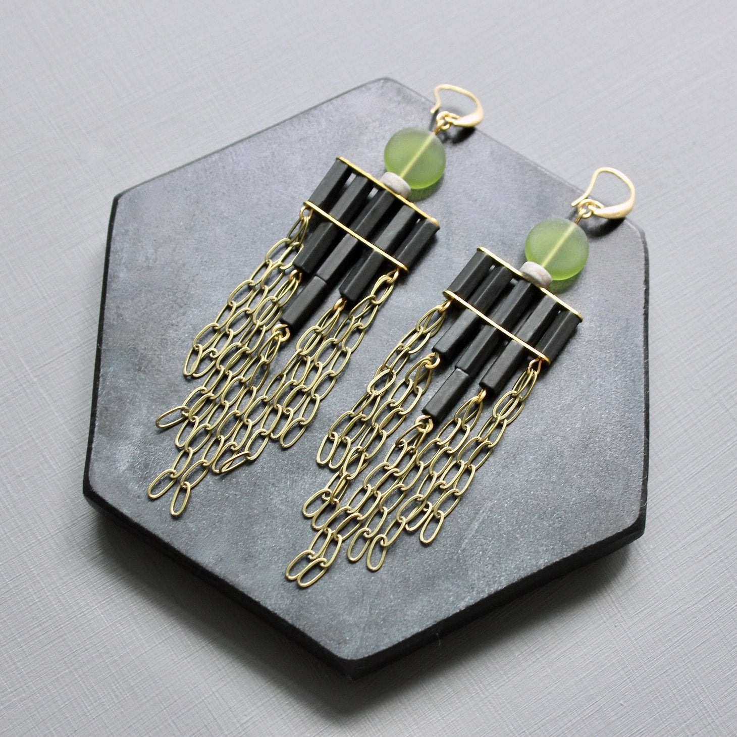 Green Glass, Black Magnesite + Oxidized Brass Chain Chandelier Earrings