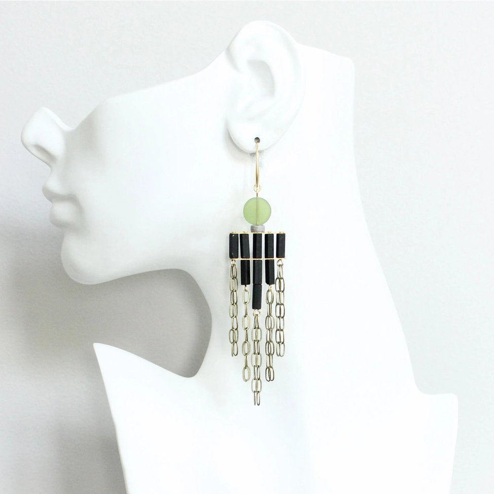 Green Glass, Black Magnesite + Oxidized Brass Chain Chandelier Earrings