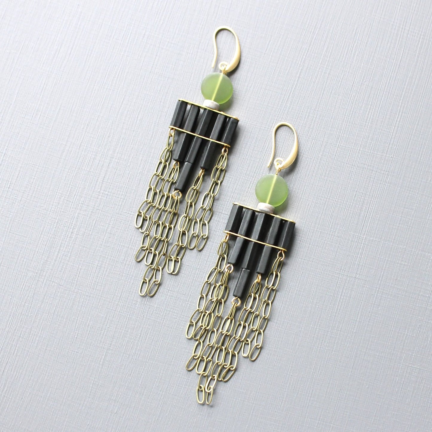 Green Glass, Black Magnesite + Oxidized Brass Chain Chandelier Earrings