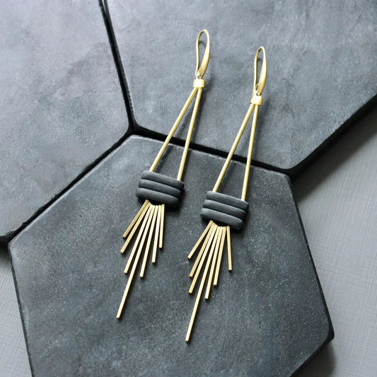 Brass + Matte Black Glass Geometric Statement Earrings
