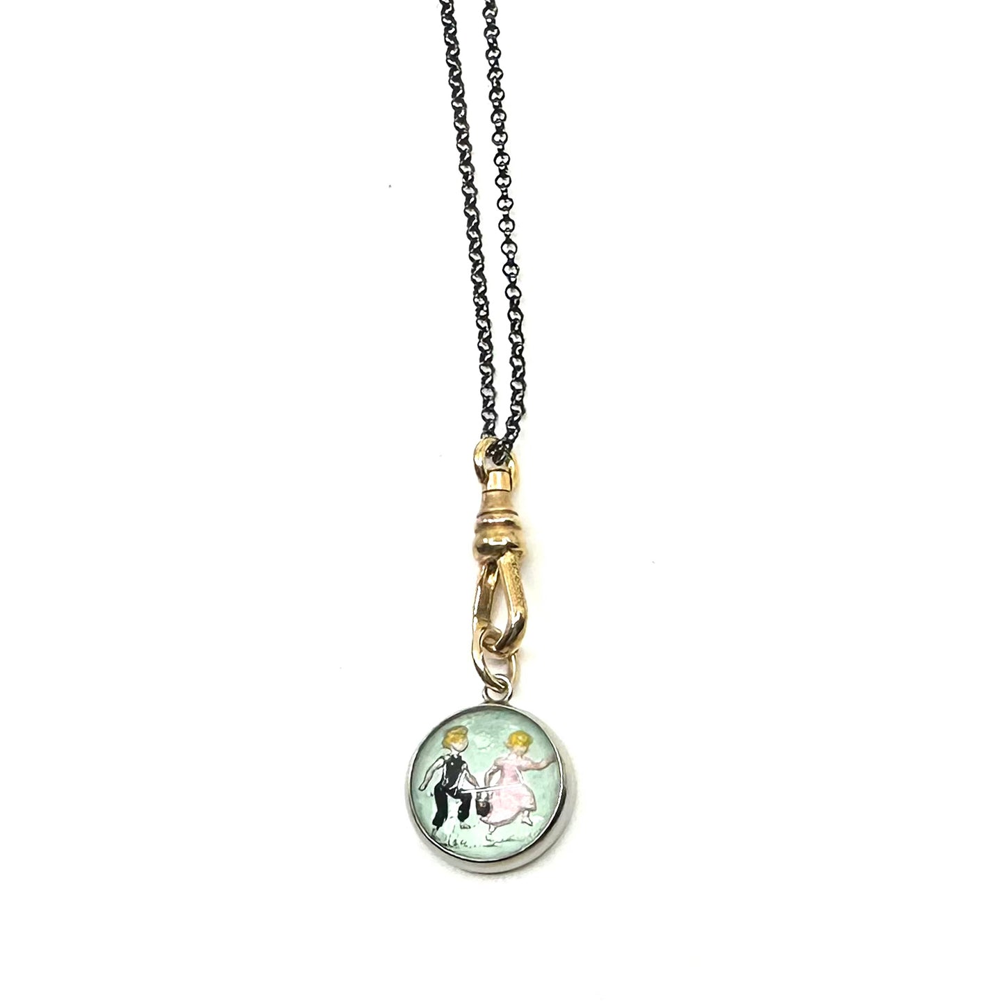 Vintage Reverse-Painted Nursery Rhyme Charm Necklace - Jack & Jill
