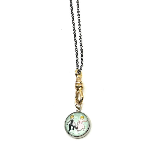 Vintage Reverse-Painted Nursery Rhyme Charm Necklace - Jack & Jill