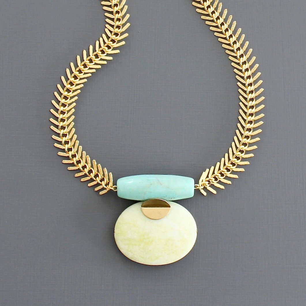 Turquoise and Lemon Jade Herringbone Necklace