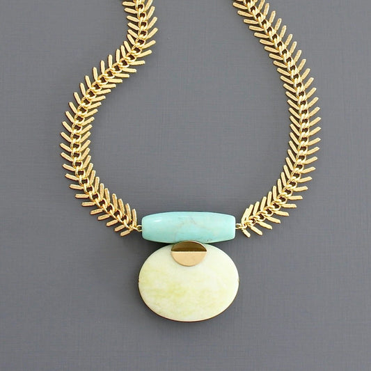 Turquoise and Lemon Jade Herringbone Necklace