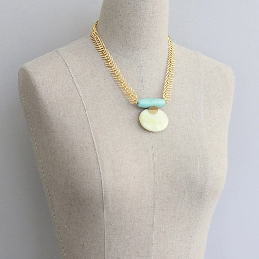 Turquoise and Lemon Jade Herringbone Necklace