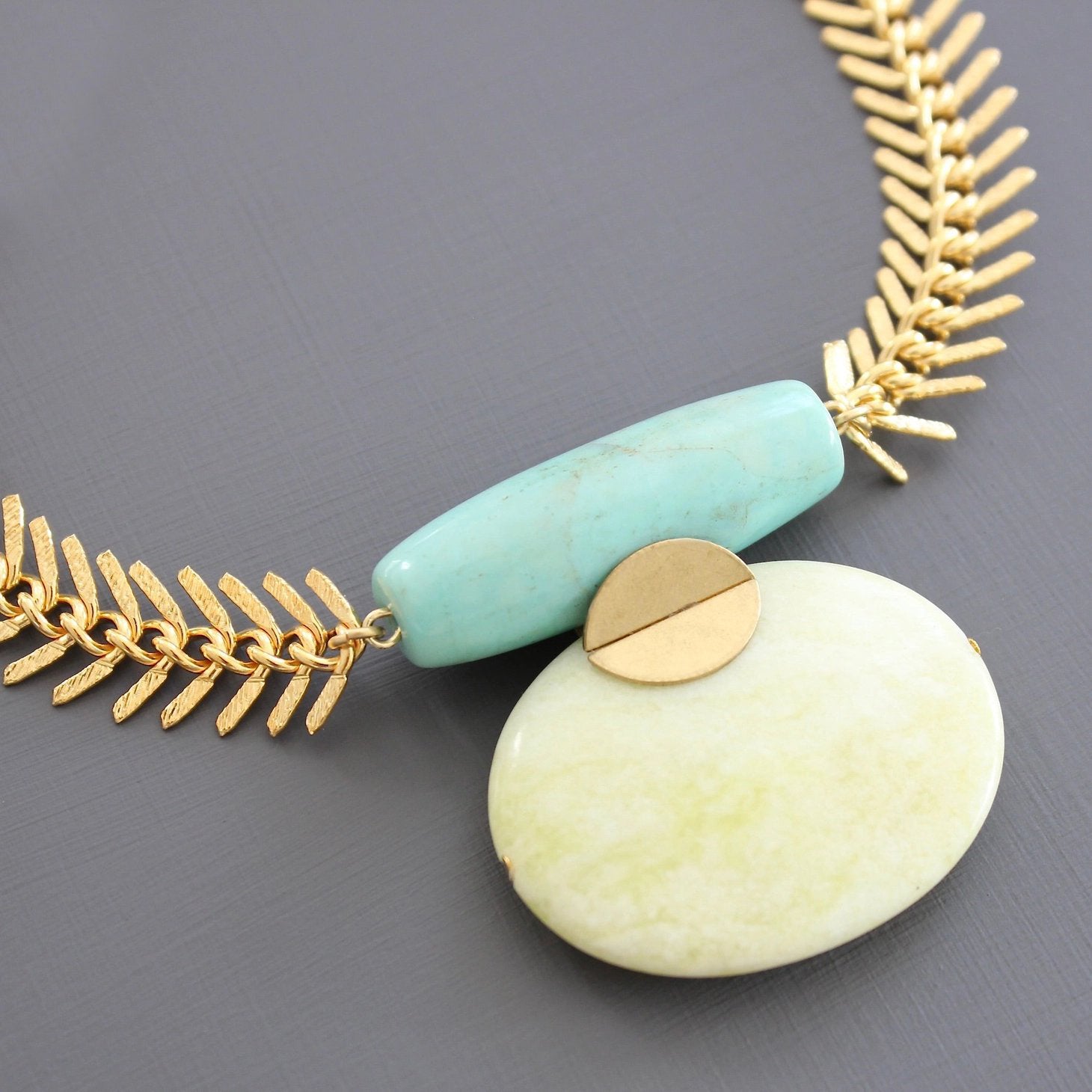 Turquoise and Lemon Jade Herringbone Necklace