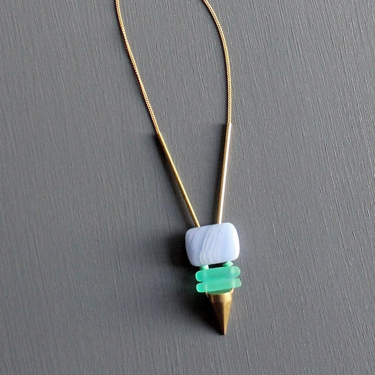Lavender + Green Glass with Brass Spike Necklace