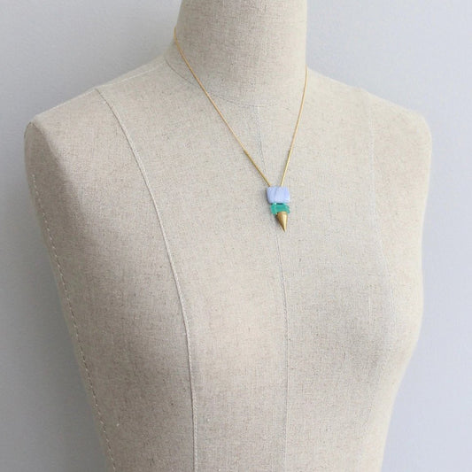 Lavender + Green Glass with Brass Spike Necklace