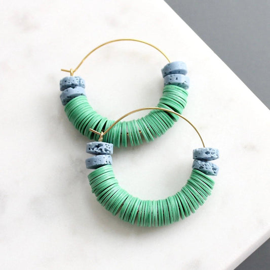 Vulcanite + Lava Bead Hoop Earrings