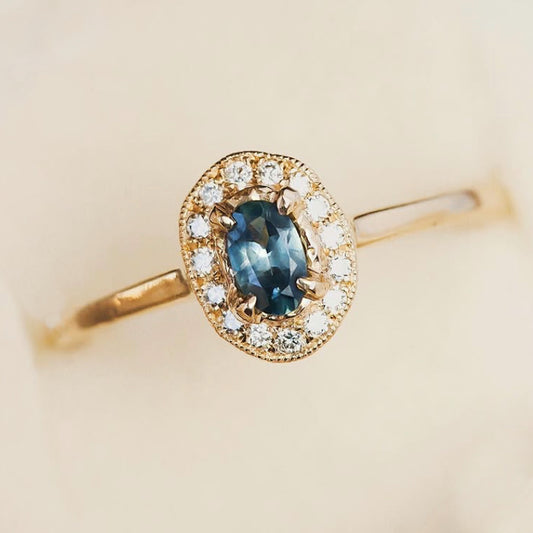 14k Gold Organic Sapphire Ring with Diamond Halo